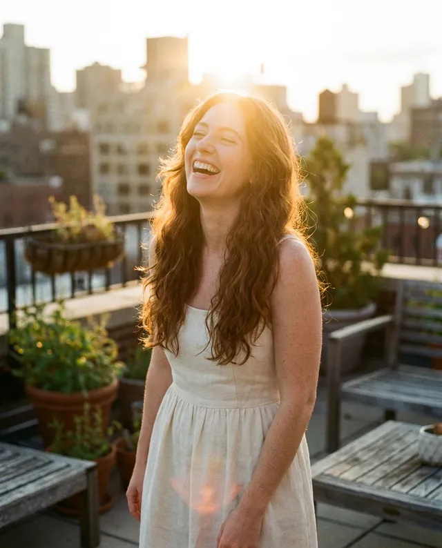 AI-generated woman laughing on a rooftop at golden hour