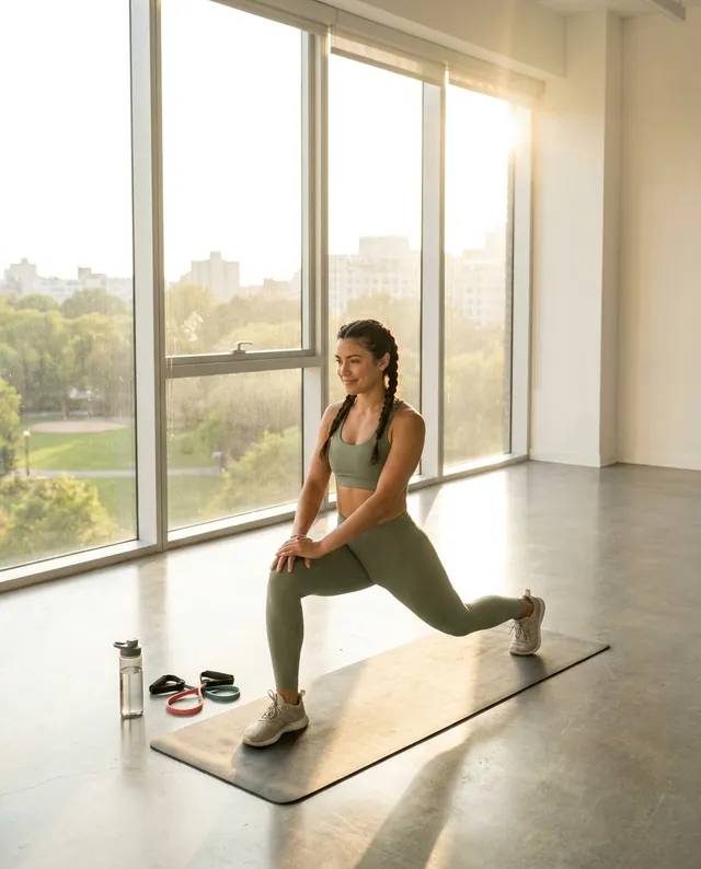 AI-generated woman stretching in a sunlit gym