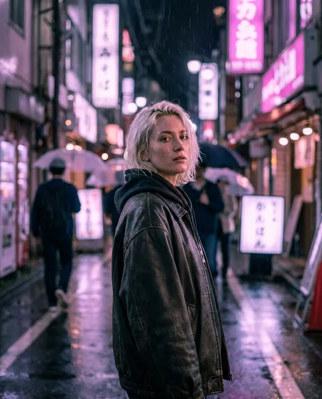 AI-generated night portrait in a neon-lit street